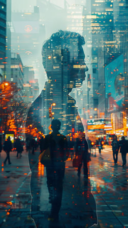 A man standing in the bustling city center at night, surrounded by tall buildings and bright lights. The urban environment is alive with activity, cars rushing by, and people moving about under the glow of streetlights.の素材