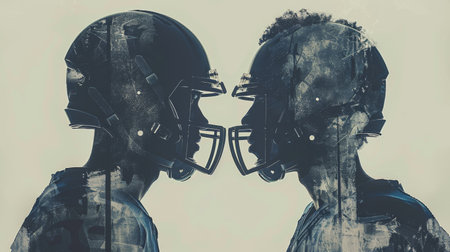 Two silhouettes of football players in a face-off position, ready to engage in gameplay. The players are shown in a dynamic pose, highlighting the competitive nature of the sport.の素材