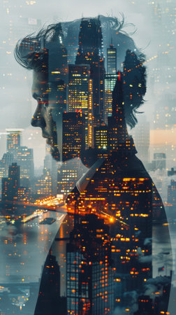 A man is standing in front of a city at night. The city lights illuminate the urban landscape behind him, creating a striking contrast between the dark sky and the glowing buildings.の素材