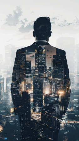 A man dressed in a suit stands confidently in front of a cityscape, showcasing a juxtaposition of urban and formal atmosphere. The city skyline forms a backdrop, emphasizing the business-like demeanor of the man.の素材