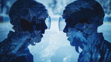 Two individuals, a man and a woman, standing side by side in a close proximity, facing forward. They appear to be conversing or observing something together.の素材