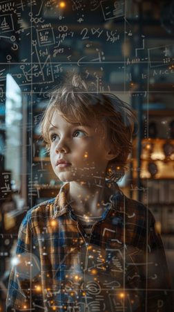 A young boy is seen closely looking at a digital screen, displaying intense focus and concentration on the content being viewed.の素材