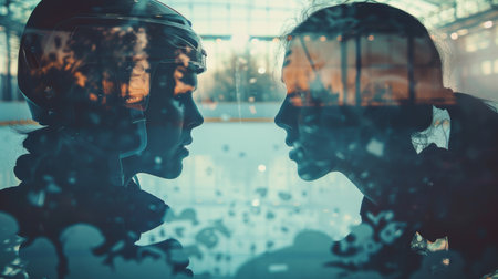 A couple of individuals standing side by side, close to each other, in a simple and ordinary pose. They are positioned upright and facing the same direction.の素材