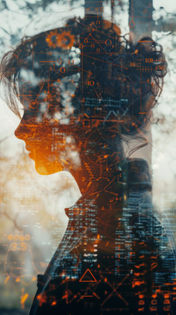 A womans silhouette is visible through a window, her profile outlined against the light coming from outside.の素材