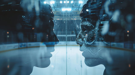 A couple of people are standing side by side in front of a mirror, facing their reflections. They appear to be looking at themselves or adjusting their appearance.の素材