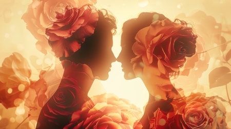 A couple is sharing a kiss in front of a bouquet of red roses, showcasing a romantic moment filled with love and affection.の素材