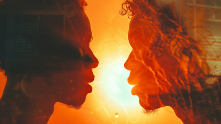 A man and a woman are standing next to each other in an urban environment. They appear to be interacting or having a conversation.の素材