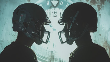 Two football players are facing each other on the field, with a scoreboard clock visible in the background. They are ready to appear for action, likely engaged in a crucial moment of the game.の素材