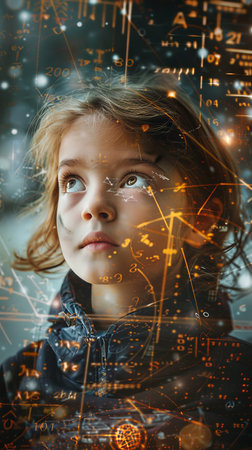 A young girl is seen looking intently at a digital screen, her face illuminated by the glow. She appears focused as she interacts with the device, possibly engaging in digital learning or entertainment.の素材