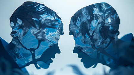 A man and woman are locked in a gaze, looking directly at each other with intense focus and connection. Their body language suggests interaction and communication through eye contact.の素材