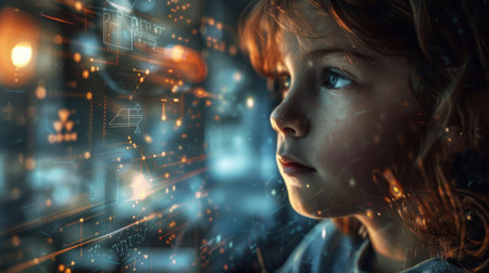 A young girl, standing by a window, gazing out at the rain falling outside. Her face reflects curiosity and wonder as she observes the weather.の素材