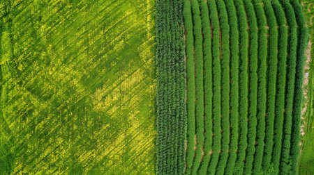 This aerial view shows a vast expanse of green field stretching into the distance. The field is filled with lush vegetation, likely crops or grass. The landscape is flat, with no visible structures or obstacles.の素材
