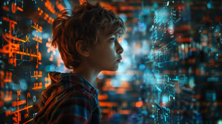 A young boy is standing and looking out at a cityscape from a high vantage point. He appears curious and engaged in the view of buildings, roads, and urban activity below.の素材