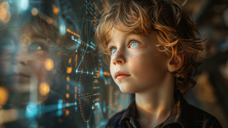 A young boy is standing by a window, gazing outside. His curious expression reflects his interest in what he sees beyond the glass.の素材