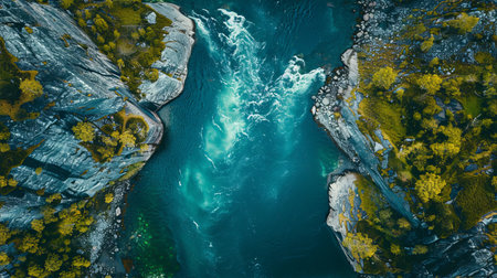 An aerial perspective of a river meandering gracefully between two towering mountains, showing the power and beauty of natures geological formations.の素材