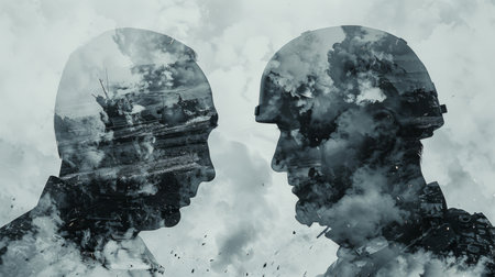 This image depicts two silhouettes of individuals facing each other. The figures are outlined in stark contrast, creating a minimalist and striking visual.の素材