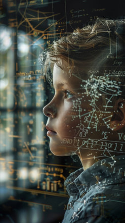 A woman is standing by a window covered in a multitude of numerical figures and equations. She gazes intently at the numbers, reflecting on their significance and meaning.の素材