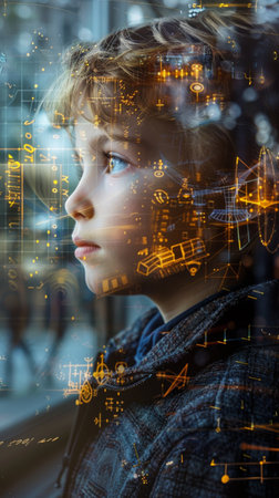 A young boy is standing by a window, gazing out at the bustling cityscape. He appears curious and contemplative as he takes in the view of the urban environment below.の素材