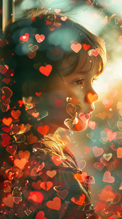 A young girl standing in front of a collection of heart shapes. She is looking at the hearts with curiosity and wonder, creating a sweet and innocent scene.の素材