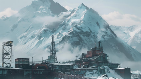 A snowy mountain looms in the background, with a factory visible in the foreground. Smoke billows from the factorys chimneys against the snowy backdrop.の素材