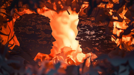 A man and a woman are depicted in silhouette standing in front of a fire, their features obscured against the glow. The scene conveys warmth and intimacy.の素材