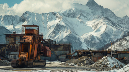 A large dump truck is parked in a rugged industrial setting, with a towering mountain in the background. The truck is prominently positioned, showing its size against the mountainous backdrop.の素材