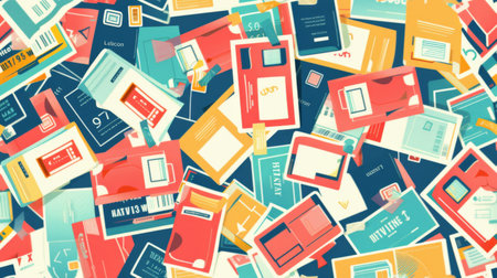 The image features a collection of different types of electronic devices displayed in a flat design style. Included are smartphones, laptops, tablets, smartwatches, and gaming consoles.の素材