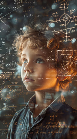 A young boy stands looking up at a colorful drawing on a wall. The drawing captures his attention as he examines it closely, curious about the intricate details.の素材