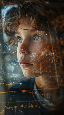 A young boy with short brown hair, wearing a blue t-shirt, is gazing out of a window. His hands are resting on the window sill as he looks outside.の素材