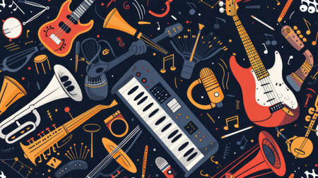 A pattern of various musical instruments scattered in a chaotic arrangement. Instruments such as guitars, violins, drums, trumpets, and flutes are intertwined in a visually striking display.の素材