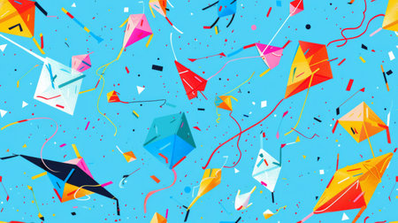 A group of vibrant kites, in various shapes and colors, soaring through a clear blue sky. The kites are dancing and twirling, creating a lively and dynamic scene against the backdrop of the azure sky.の素材