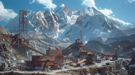 A mountain scene featuring a factory in the foreground, with smokestacks emitting fumes. The factory stands out against the natural backdrop of the rugged mountains, highlighting the contrast between industrialization and nature.の素材