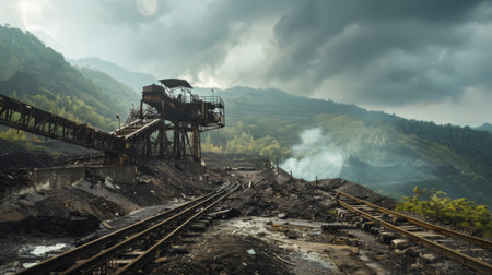 A train is seen traversing down the railway tracks that run parallel to a dense forest. The locomotive is surrounded by lush green trees as it moves steadily on the tracks.の素材