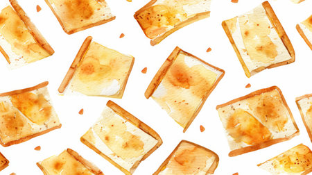 A variety of toasted bread slices are irregularly arranged on a white background. The slices vary in shades of brown and are randomly spread out across the image.の素材