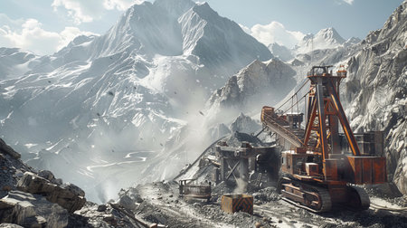 A massive crane sits prominently in the center of a rugged mountain landscape, showing the industrial activity in the area. The crane is actively engaged in lifting heavy materials against the stunning backdrop of the mountain.の素材
