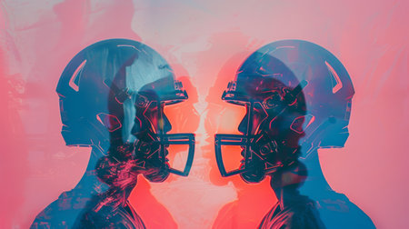 Two football helmets are overlapping in a double exposure technique on a vibrant pink and blue background. The helmets are the main focus, creating a visually striking contrast against the colorful backdrop.の素材