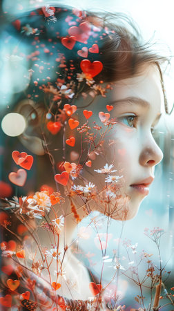 A woman is shown with a vibrant flower delicately placed in her hair, adding a touch of natural beauty to her appearance.の素材