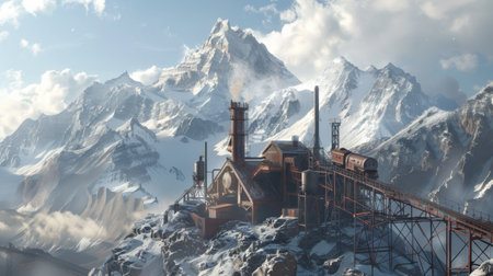 A snowy mountain looms in the background while a factory stands prominently in the foreground. The contrast between nature and industry is evident in this scenery.の素材