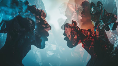 A couple of individuals are standing next to each other in this straightforward image, showing a simple human interaction in a neutral setting.の素材