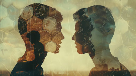 A double exposure showing two individuals standing opposite each other, facing towards the camera. The silhouettes of the individuals are overlaid on top of each other, creating a unique visual effect.の素材