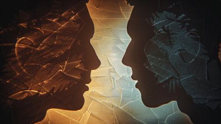 Two individuals are standing in a dark room, directly facing each other. Their gaze is fixed on one another, creating a sense of tension in the space.の素材