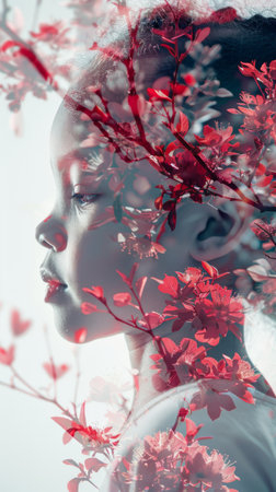 A woman with vibrant red flowers tucked into her hair, creating a striking and colorful appearance. The flowers bring a bold contrast to her hair, enhancing her overall look.の素材
