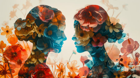 A painting depicting a woman encircled by a variety of colorful and vibrant flowers. The woman is the central focus of the artwork, with the flowers enhancing her presence.の素材