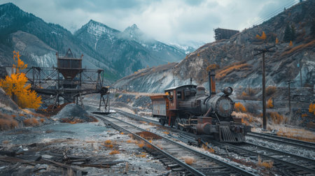 A train is seen traveling down train tracks that run parallel to a towering mountain in the background. The locomotive is in motion, surrounded by rocky terrain and greenery.の素材
