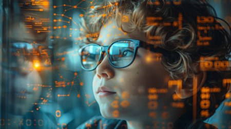 A young boy with glasses is focused on studying on a computer screen, possibly doing homework or research. The background shows mathematical notations, creating a learning environment.の素材