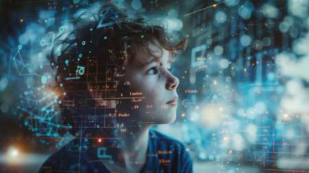 A young boy with rapt attention, looking intently at a digital screen displaying information or entertainment content. His focus is solely on the screen, absorbed in the digital world before him.の素材