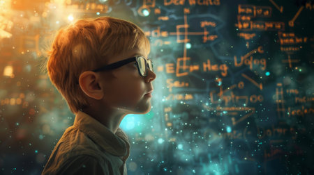 A boy with glasses is intently studying a wall covered in complex mathematical formulas and numbers. His gaze is focused and attentive as he takes in the information displayed before him.の素材