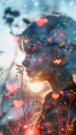 A woman is standing amidst a vibrant field filled with colorful flowers, enjoying the beauty of nature.の素材