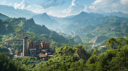 A massive building stands prominently in the midst of a dense, green forest. The contrast between the industrial structure and the natural surroundings creates a striking visual.の素材