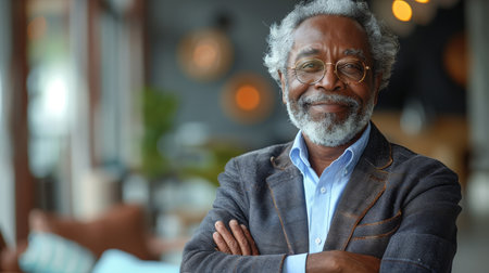 An older man with gray hair and beard, wearing a brown jacket and blue shirt, smiles confidently at the camera while standing in a cafe. The man has his arms crossed and is looking directly at the viewer.の素材